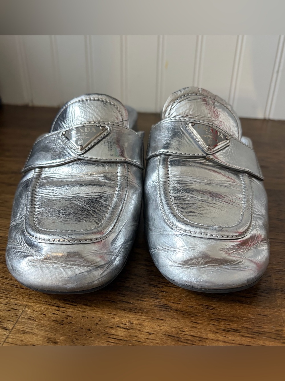 PRADA Silver Metallic Leather Mules Loafer Slides size 7 37.5 - Picture 4 of 12